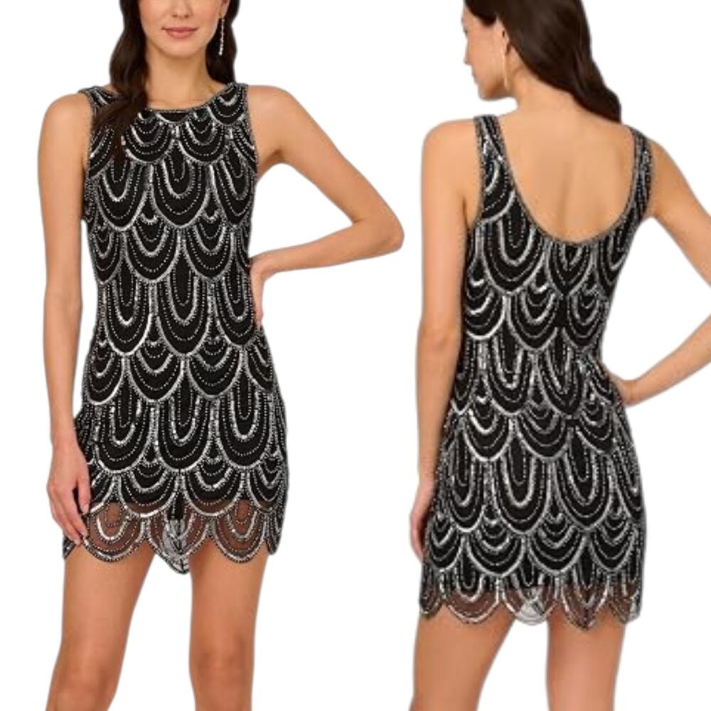 Adrianna Papell Women's Beaded Scallop Dress, Black/Gunmetal, Size 4